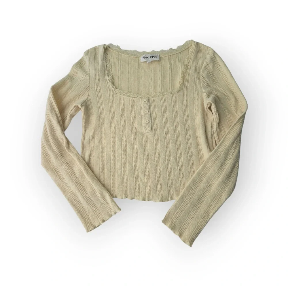 Pink Rose Juniors Cream Ribbed‎ Lace Square Neck Button Front Cropped Top Size M